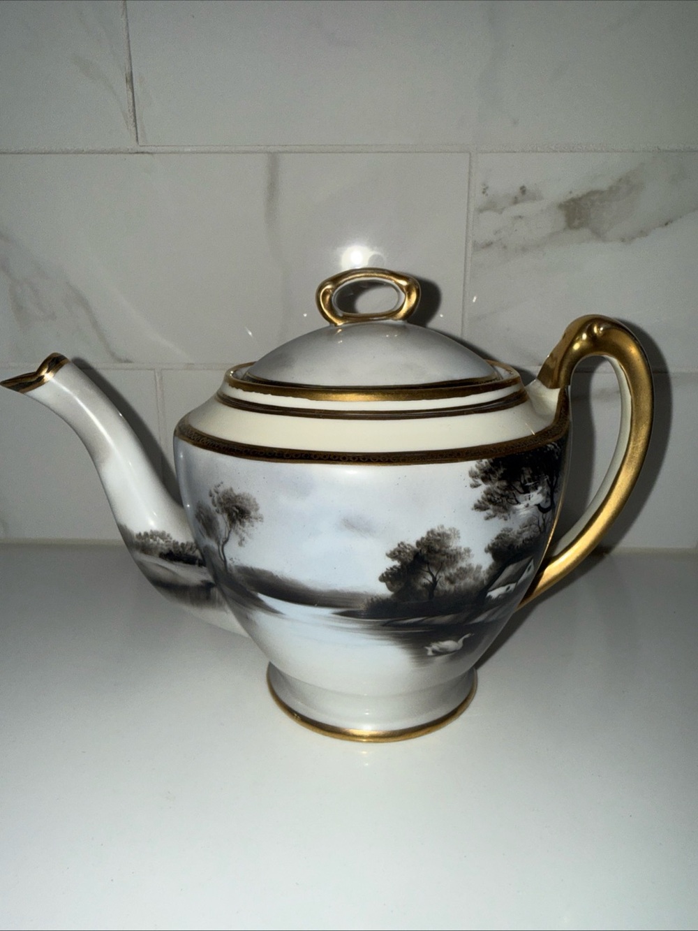 Antique Noritake Morimura 24k Gold Swan Cabin Lake Dark Moody Teapot